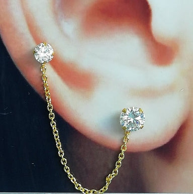 CZ gold ear studs with chain | 925 silver | Gold stud climber | Bohemian jewelry | Multipurpose | E863 - by OneYellowButterfly
