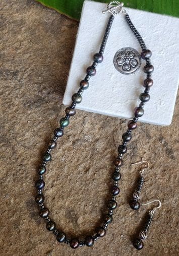Dark Freshwater Pearl And Hematite Necklace Earring Set - By Warm Heart Worldwide