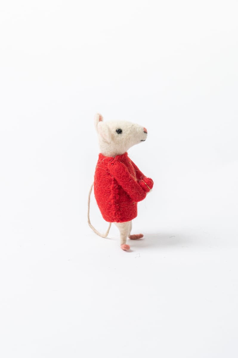 De Kulture Handmade Premium Needle Felted Mouse with Red Jacket Eco Friendly Stuffed Ideal for Home Office Decoration Holiday Decor 