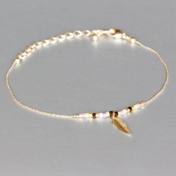 bracelets Delicate Charm Bracelet Gold Minimal Jewelry,Gold Dipped Feather Boho,Wrist Chain Gold& Beads MB3 - by Silver Soul Charms