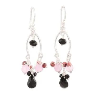 earrings Delightful Silver Black Spinel Earrings,Lavender and Pink Quartz beads,Handmade Jewelry,Christmas Gift - by Bona Dea