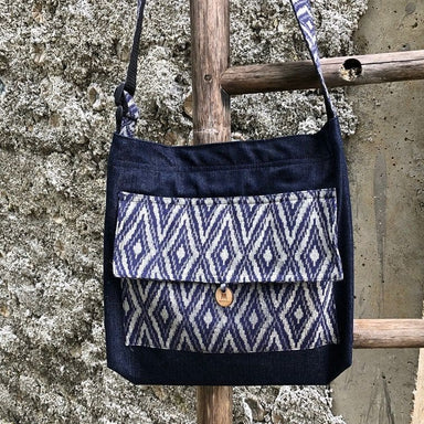 Denim Tote Bag With Blue Ikat Print - By Warm Heart Worldwide
