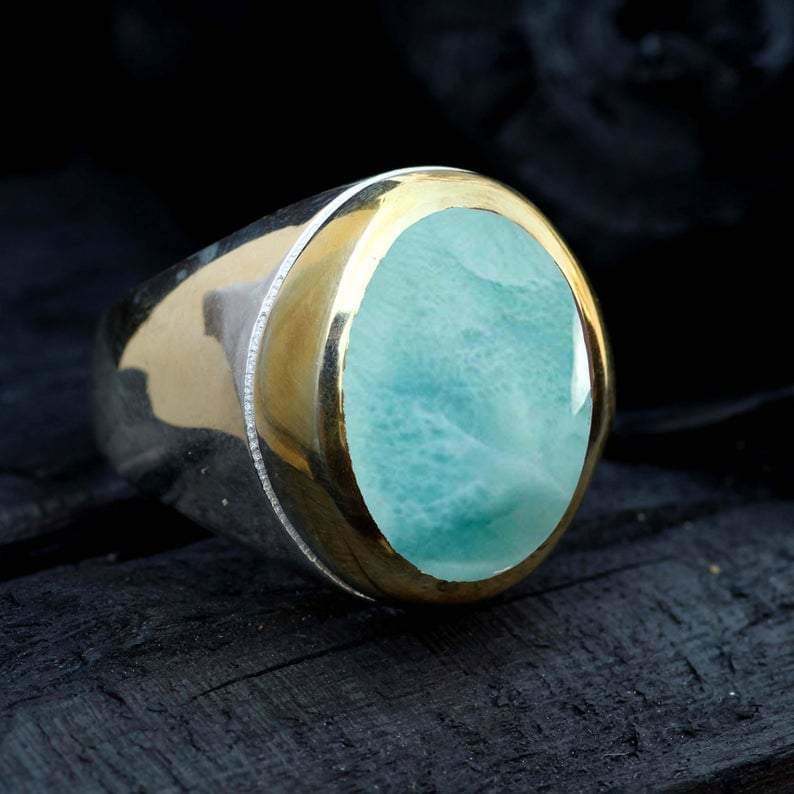 rings Dominican Larimar Gemstone Statement Ring Wedding Gift Handcrafted Jewelry - by InishaCreation