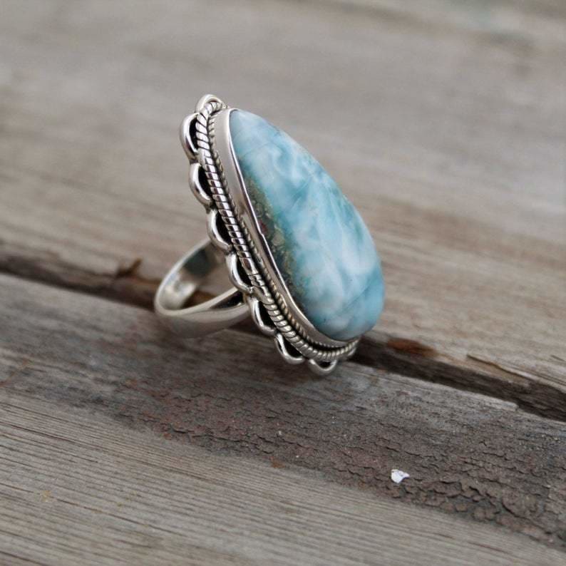 Ring Dominican Larimar ring silver larimar sky blue gemstone boho anniversary gift Promise Statement - by GIRIVAR CREATIONS