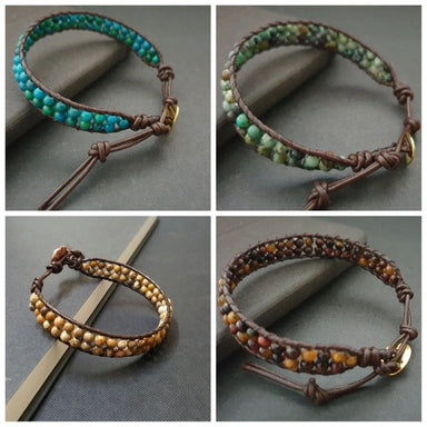 Double Layer 4mm Stone Beads Brown Leather Anklet Bracelet Beaded Bracelets Women Bangles - by Bymemade