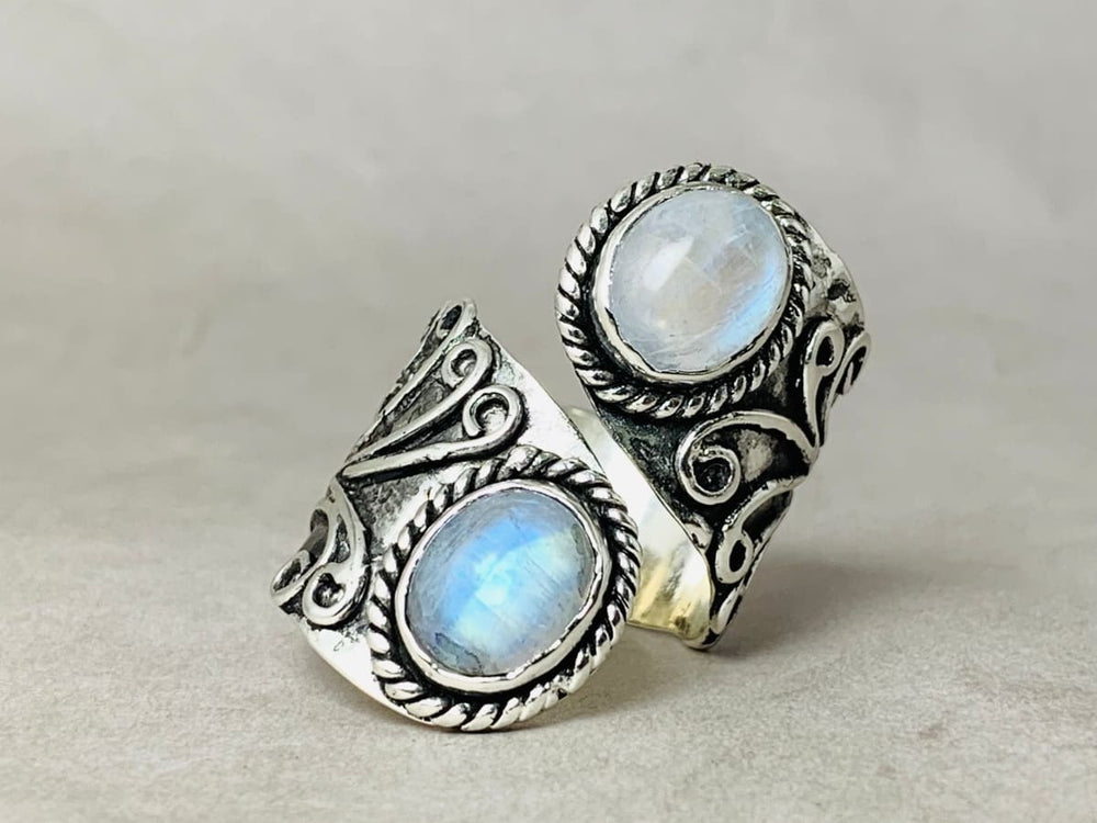 Double Moonstone Ring 925 Sterling Silver Handmade Blue Flash Statement Bohemian Woman Everyday - by Heaven Jewelry