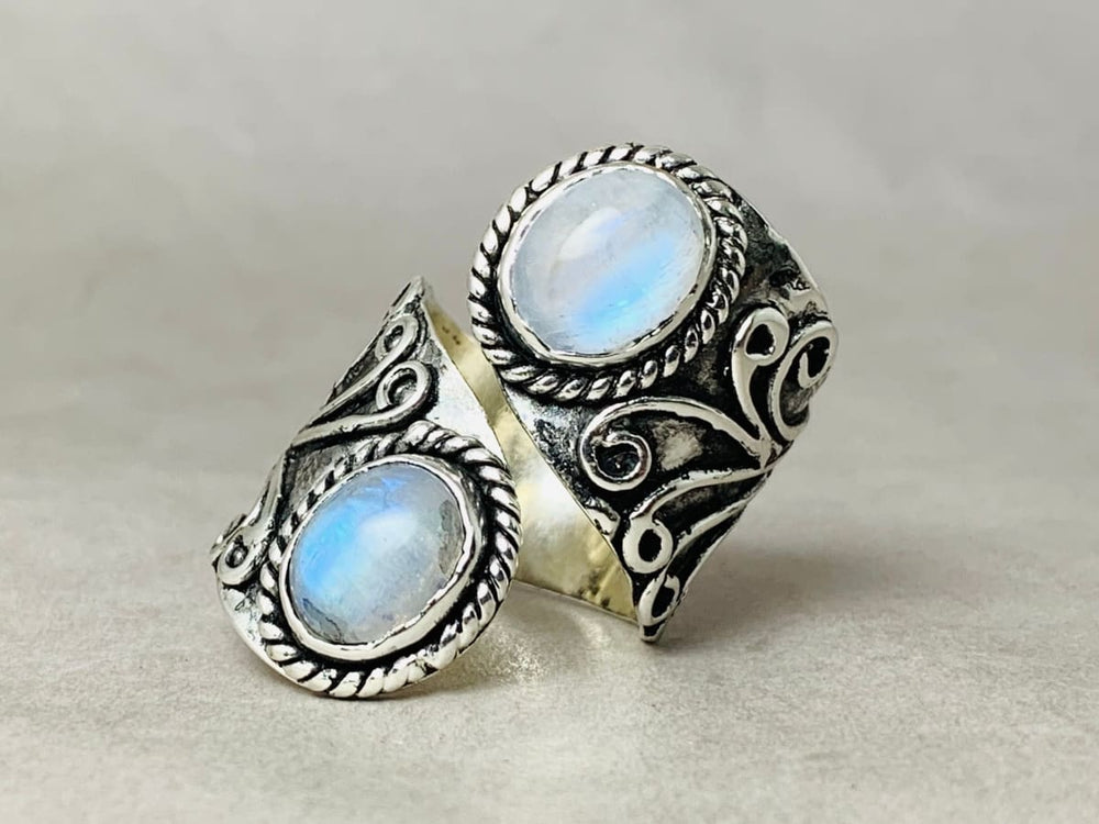 Double Moonstone Ring 925 Sterling Silver Handmade Blue Flash Statement Bohemian Woman Everyday - by Heaven Jewelry