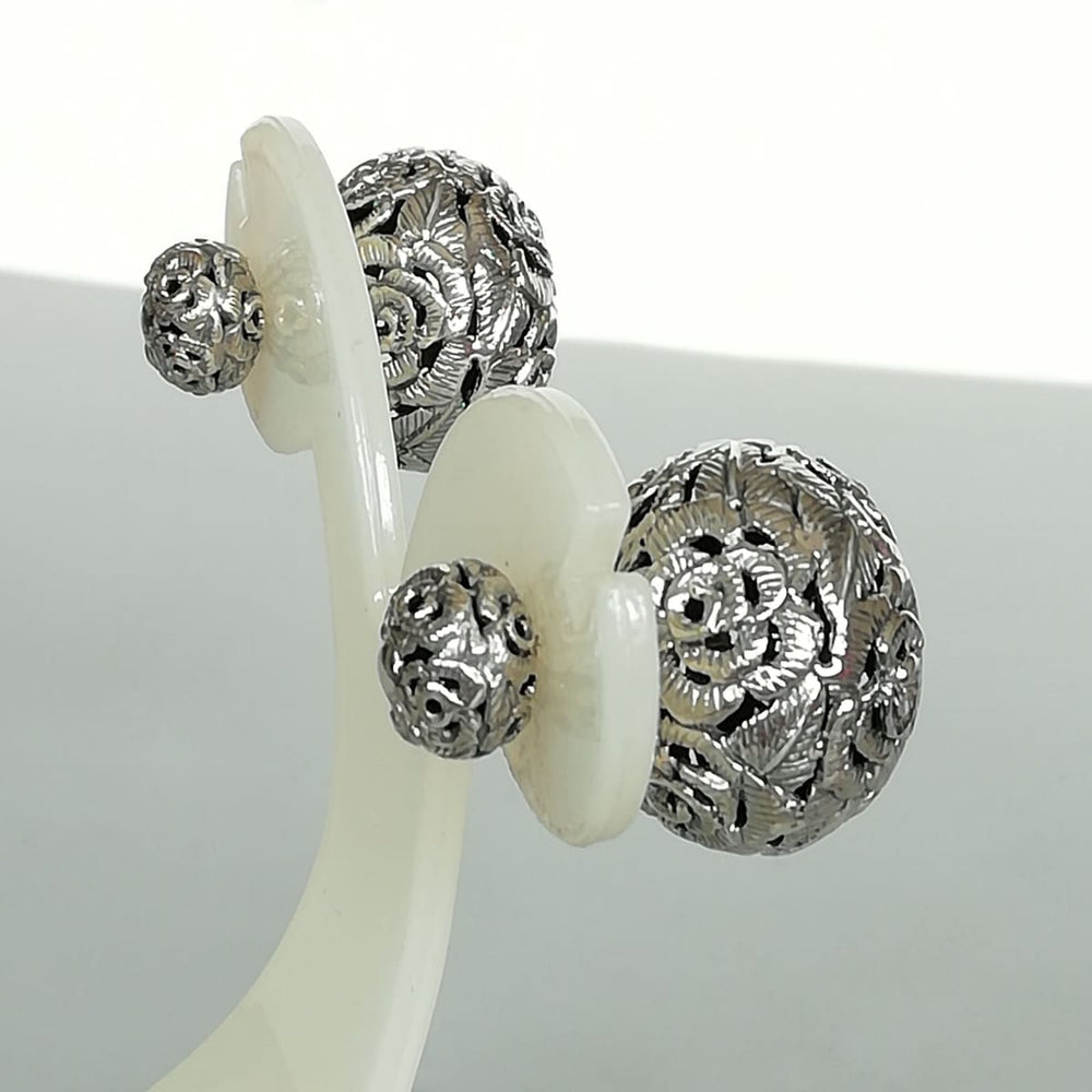 Double Sided Sterling Silver Ball Studs | Flower front back Earrings | Chunky Statement | Filigree Silver Jewelry | E912 - by 