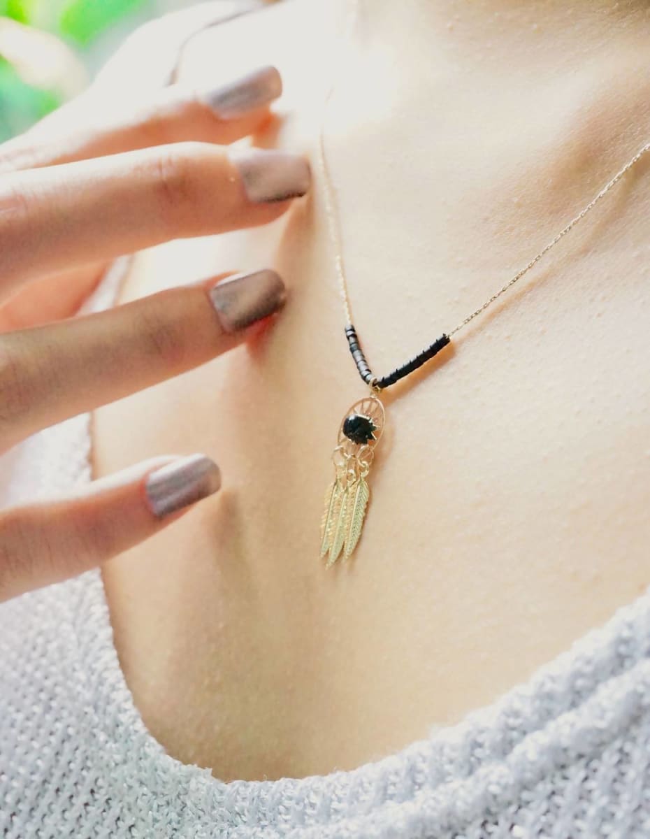 necklaces Dream Catcher Charm Gold And Black Minimalist Necklace Delicate Chain Bohemian Gypsy Jewelry MN43 - by Silver Soul Charms