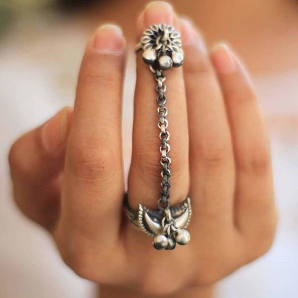 rings Dual Chain 925 Silver Ring Designer Handmade Sterling Gift For Her Adjustable Ethnic Style Double Rings Nickel Free ring - by Manjari 