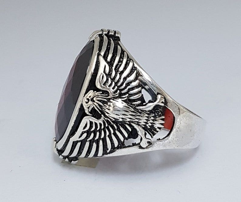 Eagle Mens Designer Ring Natural Garnet Gemstone Signet Silver Jewelry - By Girivar Creations