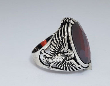 Eagle Mens Designer Ring Natural Garnet Gemstone Signet Silver Jewelry - By Girivar Creations