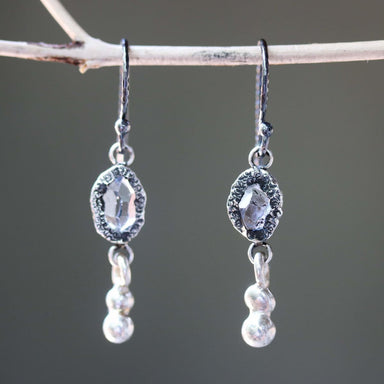 Earrings Clear quartz crystal in silver bezel setting with peanut on sterling hooks style - by Metal Studio Jewelry