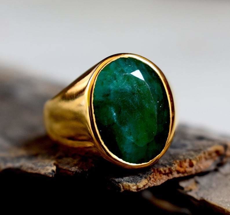 Raw Emerald Mens Ring Heavy Huge 925 Silver Men Green Gemstone Signet Mother - by InishaCreation