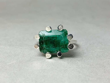 Emerald Ring May Birthstone 925 Sterling Silver Raw Gemstone Green Prong Gift For Her Woman - by Heaven Jewelry
