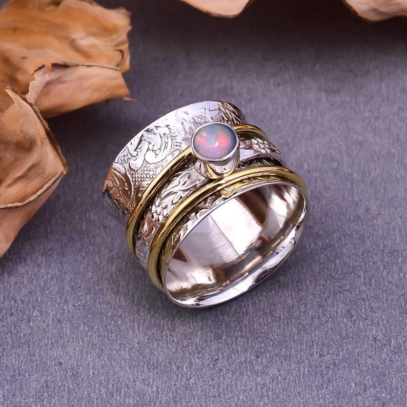 rings Ethiopian Opal 925 Silver Two Tone Ring,October Birthstone,Natural Handmade Jewelry,Gift for Her - by InishaCreation