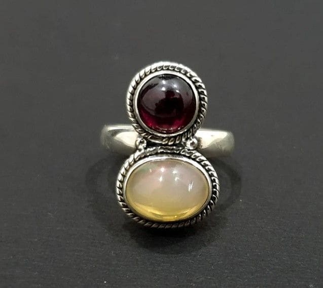 Ethiopian Opal Garnet Ring Multi Stone 925 Solid Sterling Silver Handmade Jewelry Gift For Her - By Girivar Creations
