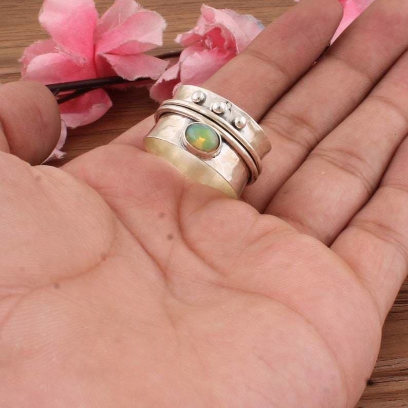 rings Ethiopian Opal Gemstone Silver Band 925 Sterling Ring,Spinner Antique Thumb Handmade Jewelry,Birthstone,Gift for Her - by 