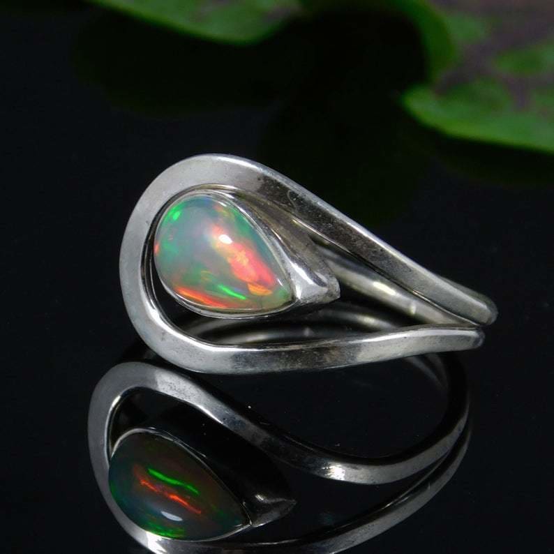 Ethiopian Opal Ring Designer Gemstone Handmade Statement 925 Silver Boho Women Gift For Her - by GIRIVAR CREATIONS
