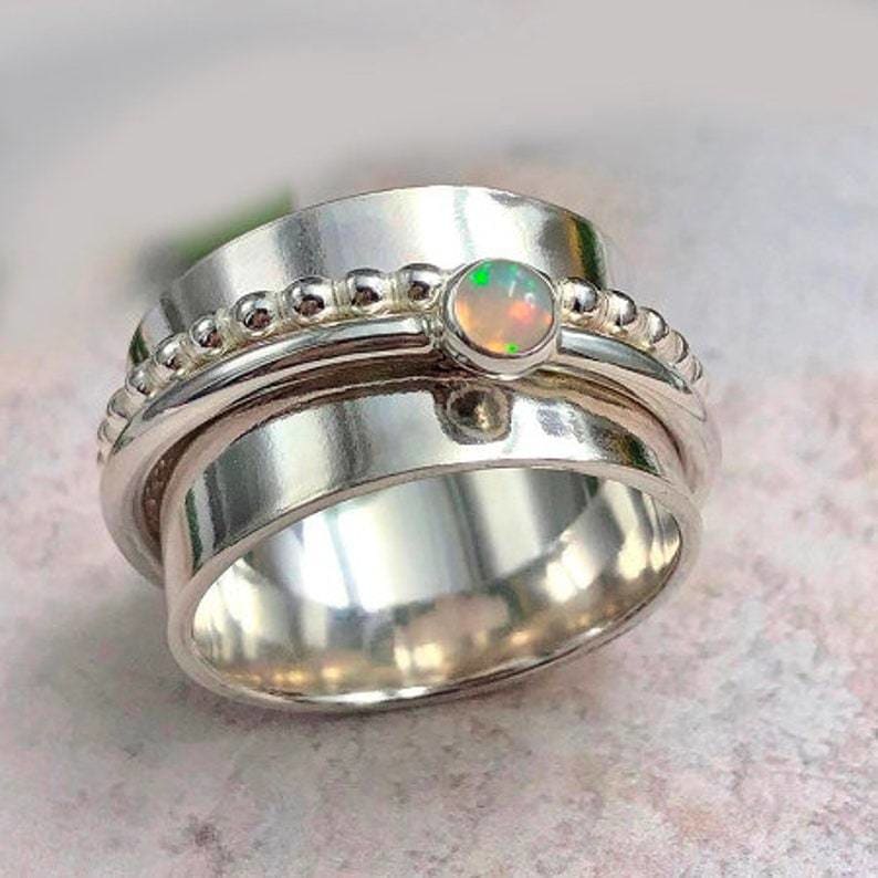 rings Ethiopian Opal Spinner,Anxiety,Mediation,Fidget 925 Silver Ring,Handmade Jewelry,Gift for Her - by InishaCreation