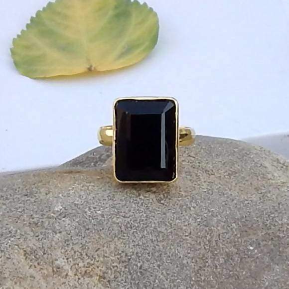 Faceted Black Stone Silver Gold Plated Silver Ring - Rings