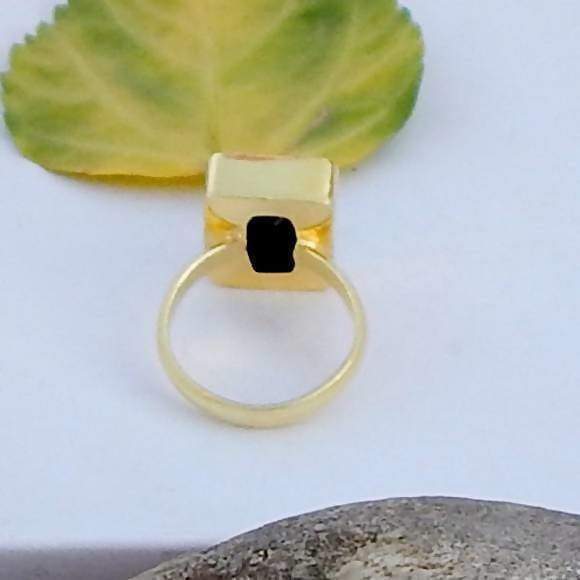 Faceted Black Stone Silver Gold Plated Silver Ring - Rings