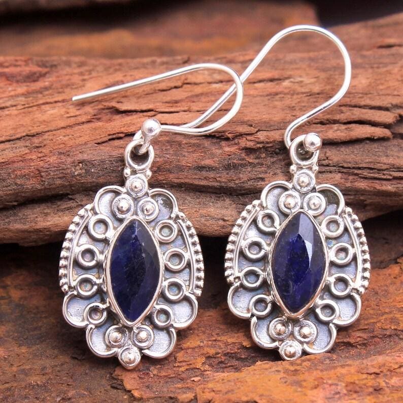 earrings Faceted Blue Sapphire Marquise Gemstone 925 Sterling Silver Earrings Handmade Designer Drop & Dangle Jewelry For her - by 