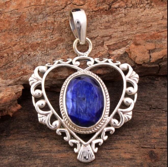 pendants Faceted Blue Sapphire Oval Shape Gemstone Heart 925 Sterling Silver Pendant,Handmade Designer Jewelry For Her - by InishaCreation