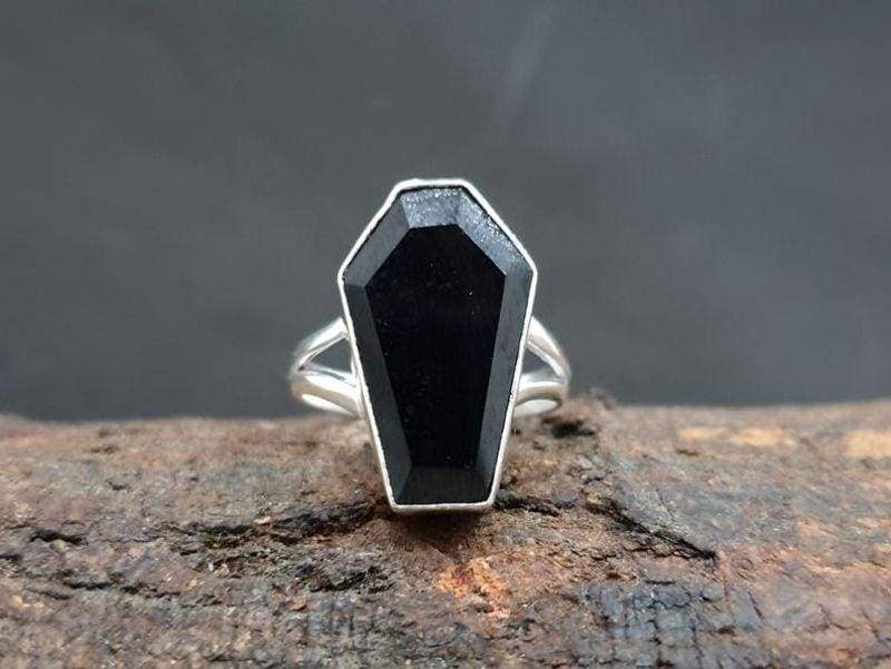 Rings Faceted Cut Black Onyx Coffin Ring,Solid 925 Sterling Silver Ring Gift Jewelry Gemstone Engagement Ring,Handmade For Her