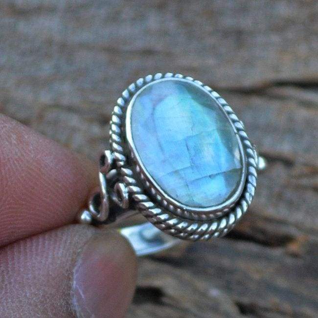 Rings Faceted Rainbow Moonstone Gemstone 925 Sterling Silver Designer Gift Ring