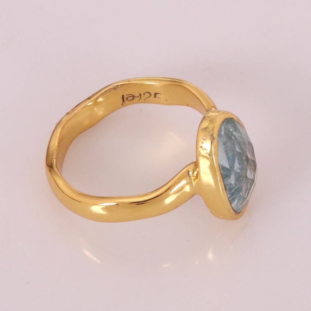 rings Faceted Real Aquamarine Gemstone Gold Vermeil 925 Sterling Silver Ring - by Rajtarang