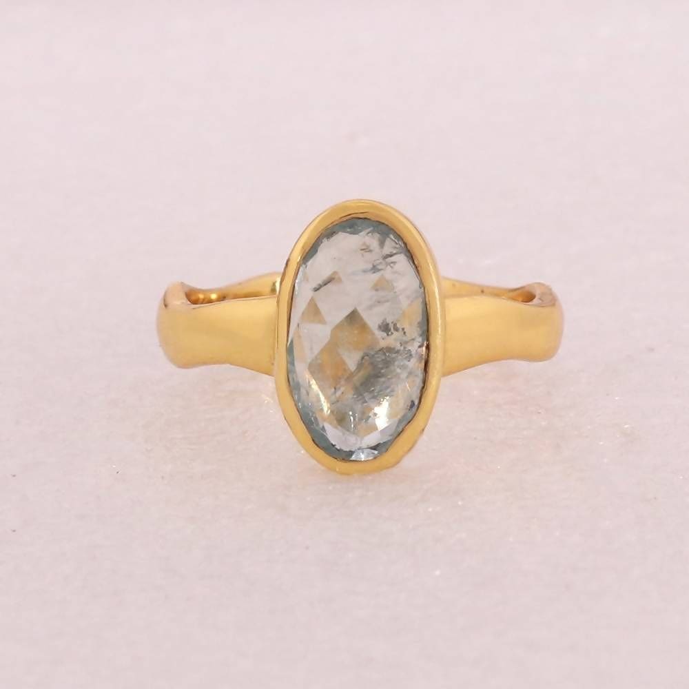 rings Faceted Real Aquamarine Gemstone Gold Vermeil 925 Sterling Silver Ring - 8 by Rajtarang