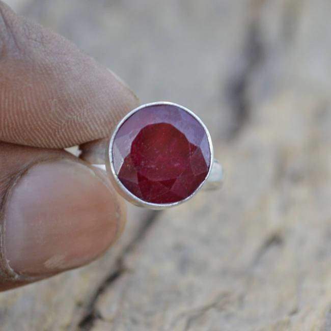 Faceted Round Red Ruby Gemstone 925 silver Ring Sterling Silver 22K Yellow Gold Filled Rose