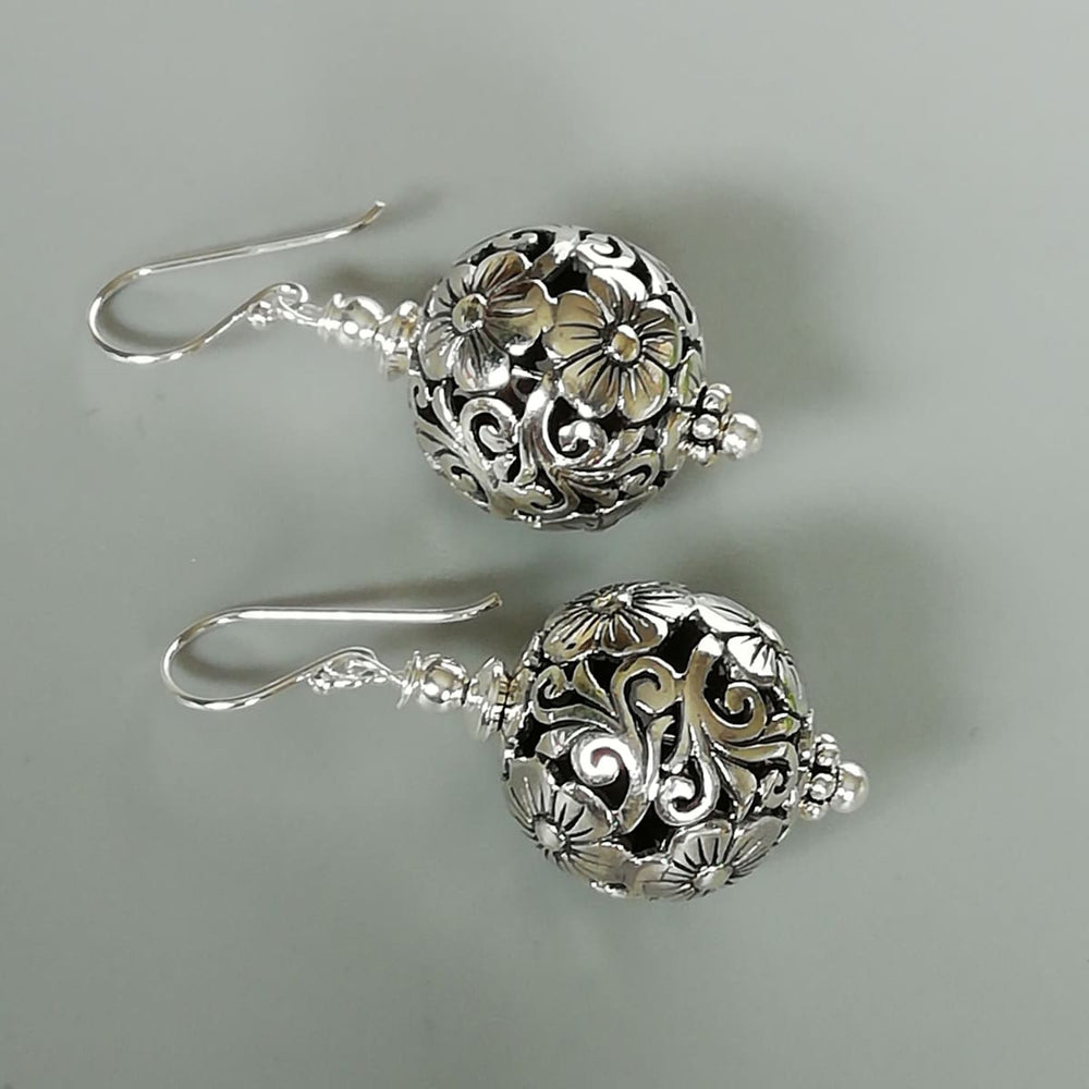 Filigree Ball Drop Earrings | Indian | Sterling Silver Ear Dangler | Ball | Silver Jewelry | E971 - by Oneyellowbutterfly