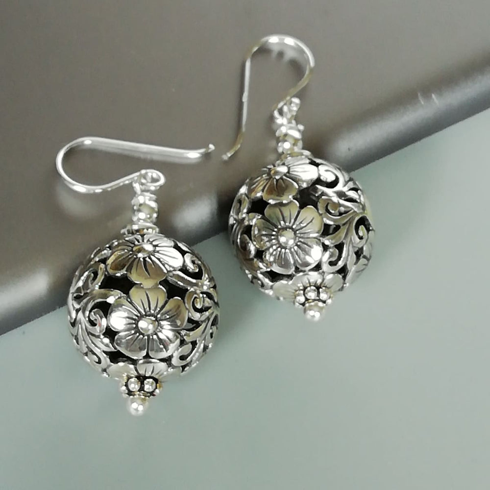 Filigree Ball Drop Earrings | Indian | Sterling Silver Ear Dangler | Ball | Silver Jewelry | E971 - by Oneyellowbutterfly