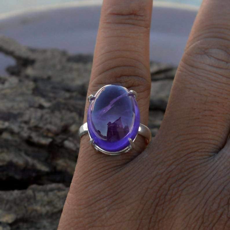 Rings Fine Purple Amethyst Gemstone Ring- February Birthstone Oval Cabochon 925 Sterling Silver Large Gift Ring