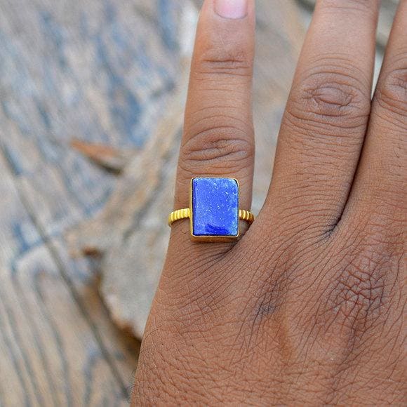Rings Flat Natural Lapis Lazuli Gold Ring 14k Yellow Wedding Gift