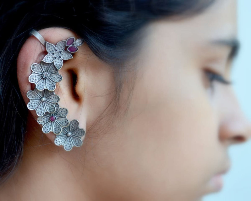 earrings Flower Ear Climber Earrings fine silver Cuffs Crawler earring statement ear cuff - by Pretty Ponytails