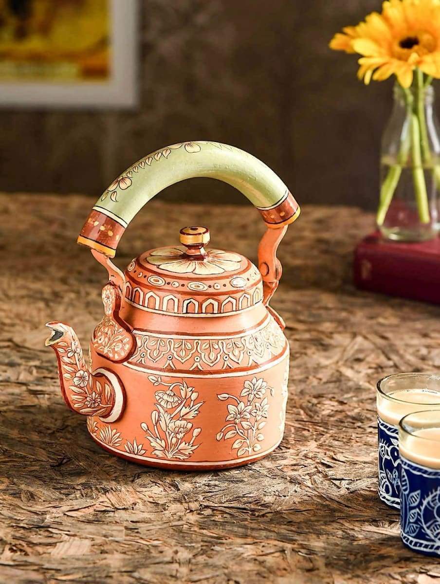 Kitchen & Dining Hand Painted Flower Design Tea Pot in Aluminium