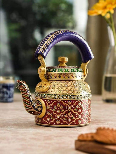 Painted Teapots KAUSHALAM HAND PAINTED TEA KETTLE: GOLD & RED COLOUR DIAMOND