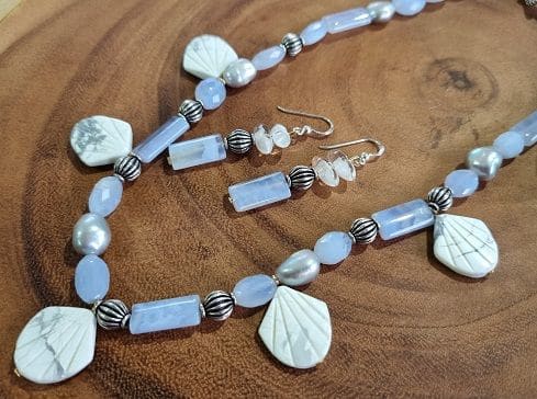 Freshwater Pearl and Chalcedony Necklace Earring Set - by Warm Heart Worldwide