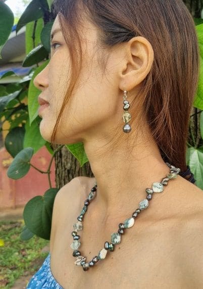 Freshwater Pearl and Moss Agate Necklace Earring Set - by Warm Heart Worldwide