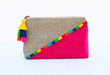 Fuschia Boho pouch colour block linen velvet bag clutch bag embroidered 9X6X3inches - Bags