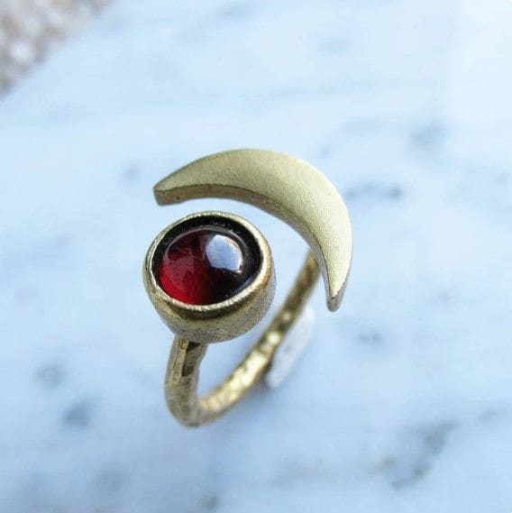 Garnet Boho Half Moon Sterling Silver Gold Plated Ring Handmade Jewelry Gift for her - by Inishacreation