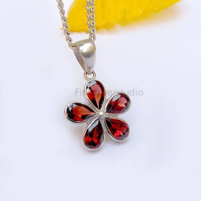 pendants Garnet Pendant Flower Necklace sterling silver pendant Red garnet necklace jewelry January Birthstone Christmas Gift - by 
