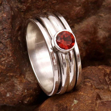 Garnet Ring Spinner Meditation Fidget Thumb Worry 925 Silver Promise Women Gift For Her - by InishaCreation