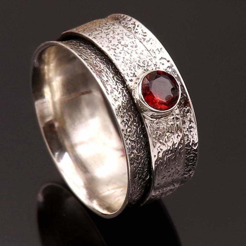 Garnet Ring Spinner Anxiety Worry Handmade Boho Thumb 925 Silver Women Gift For Her - by InishaCreation