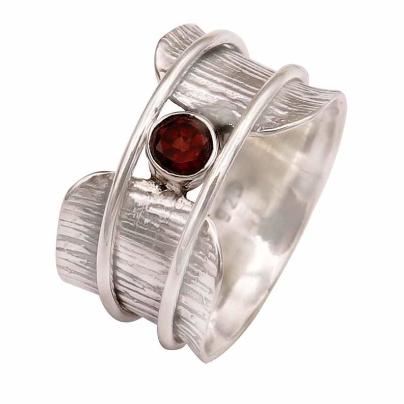 rings Garnet Spinner Boho Anxiety 925 Silver Ring Meditation Worry Gift For Her - by InishaCreation