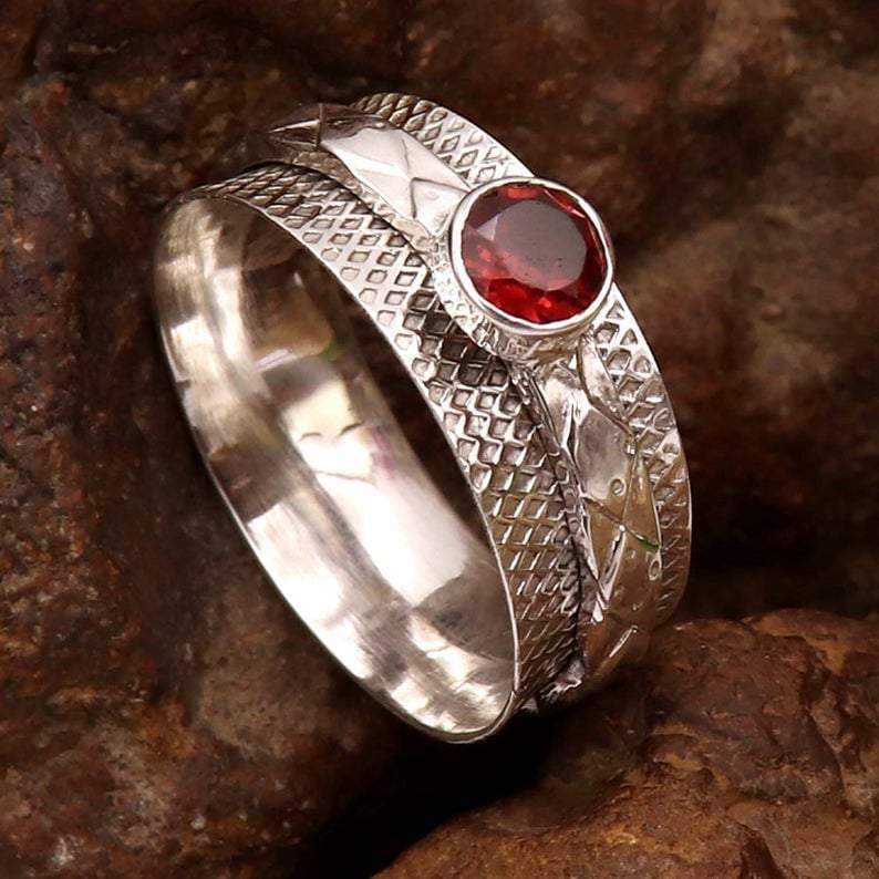 Garnet Spinner Ring * Meditation Ring* Spinning Anxiety Worry Boho Spin Statement - by InishaCreation