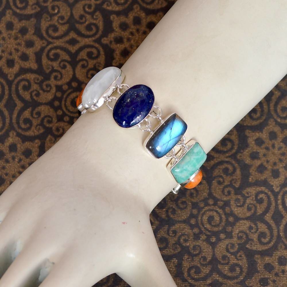 Bracelets Genuine Blue Labradorite Coral Moonstone and Lapis Multi Stone Handcrafted 925 Sterling Silver Bracelet - Title by Rajtarang